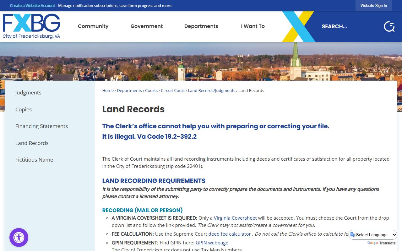 Fredericksburg People Search land records page