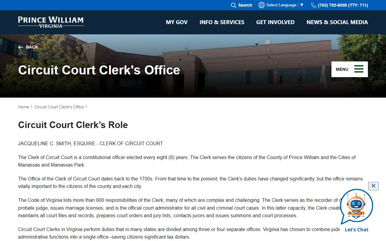 Manassas People Search Prince William Circuit Court clerk role page