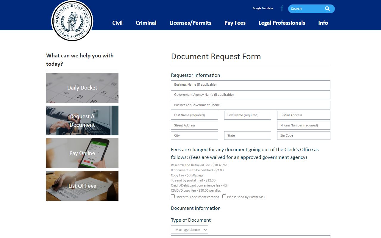 Norfolk People Search document request form