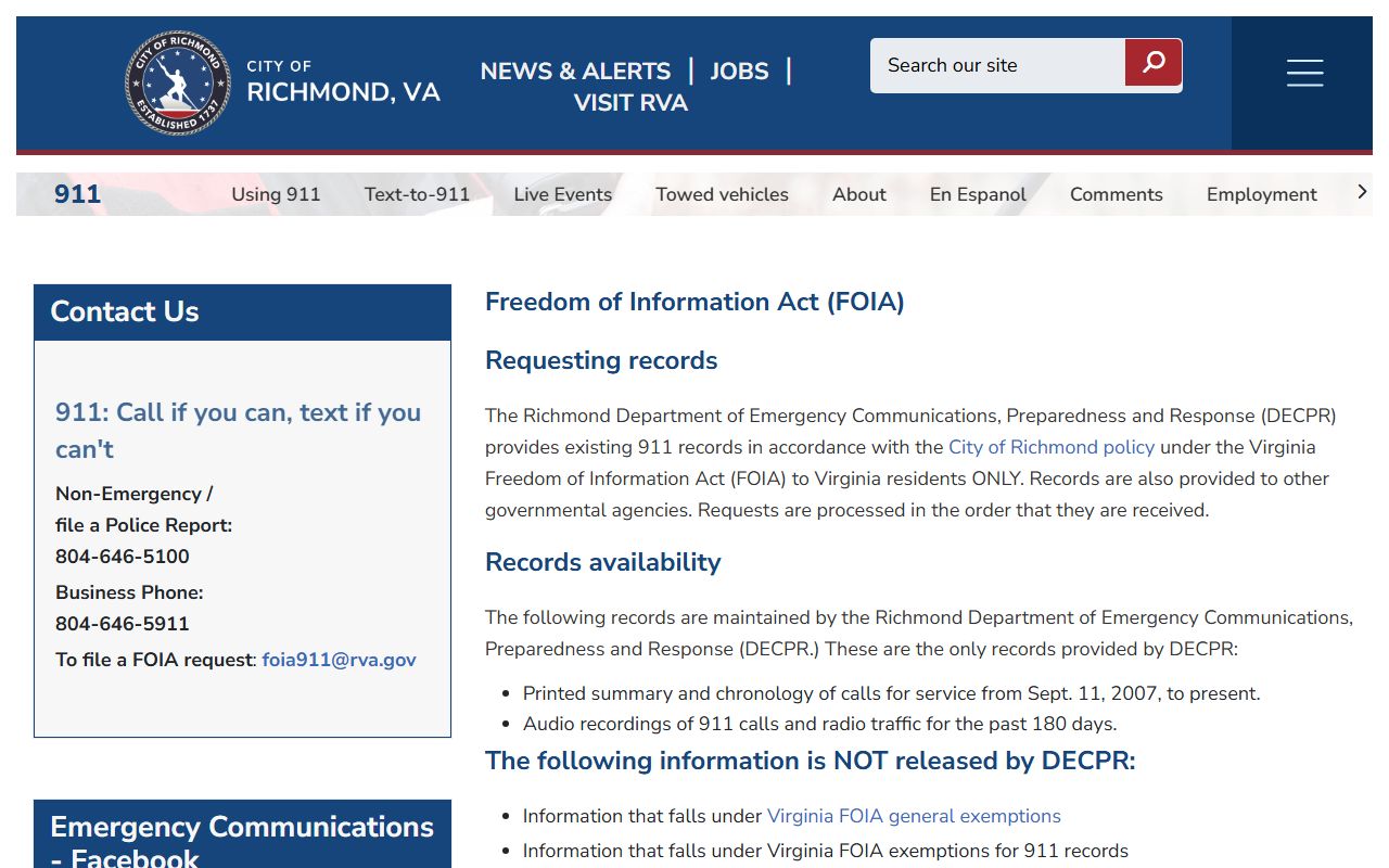 Richmond People Search 911 Records FOIA Page