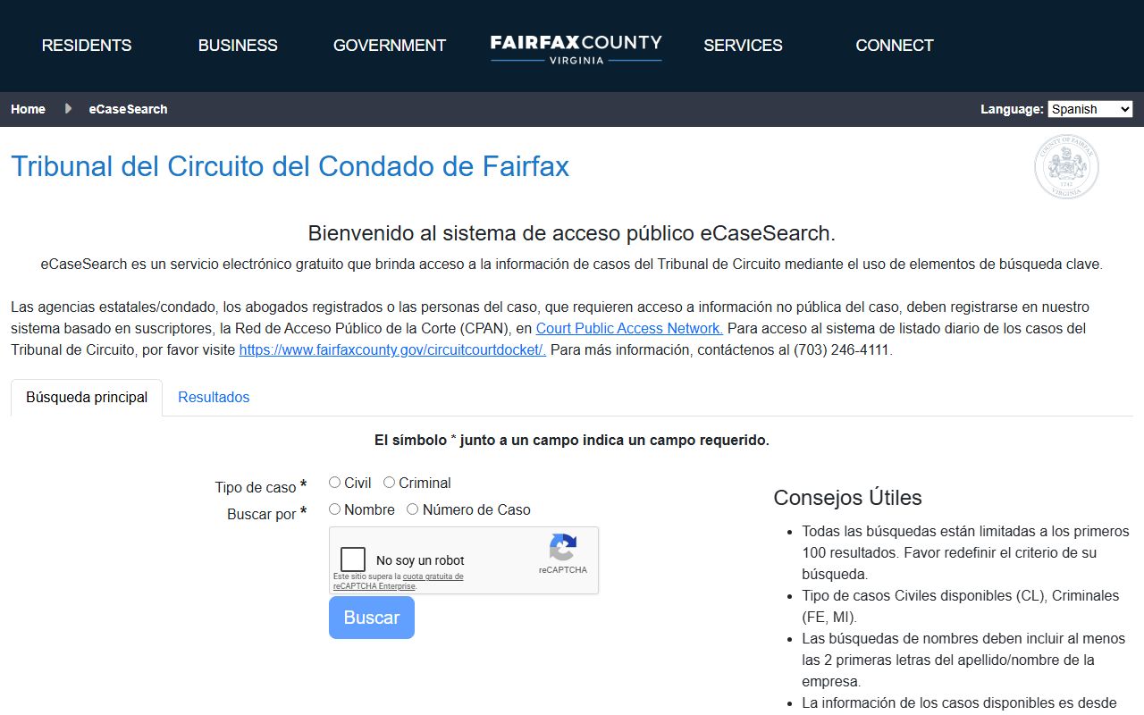 Fairfax County eCaseSearch people search tool